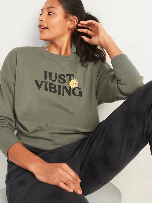 Loose Graphic Cropped Crew-Neck Sweatshirt. Image via Old Navy.