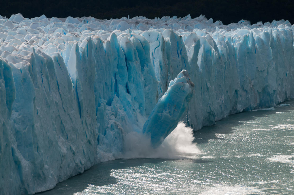 A giant piece of Ice breaks off the Perito Moreno Glacier in Patagonia, Argentina