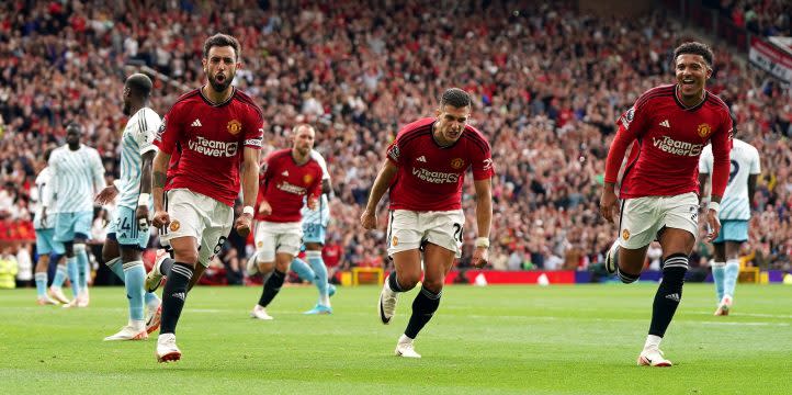 Manchester United's Bruno Fernandes celebrates scoring their side's third goal of the game during the Premier League match at Old Trafford, Manchester. Picture date: Saturday August 26, 2023. Credit: Alamy