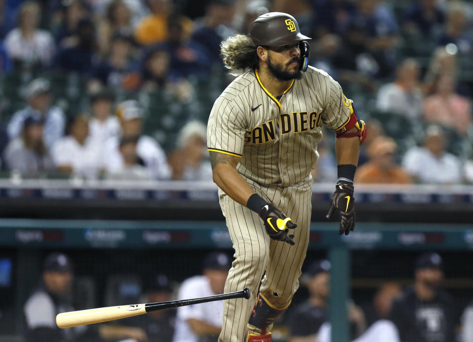 San Diego Padres' Jorge Alfaro singles to drive in two runs against the Detroit Tigers during the 10th inning of a baseball game against the Detroit Tigers Tuesday, July 26, 2022, in Detroit. The Padres defeated the Tigers 6-4. (AP Photo/Duane Burleson)