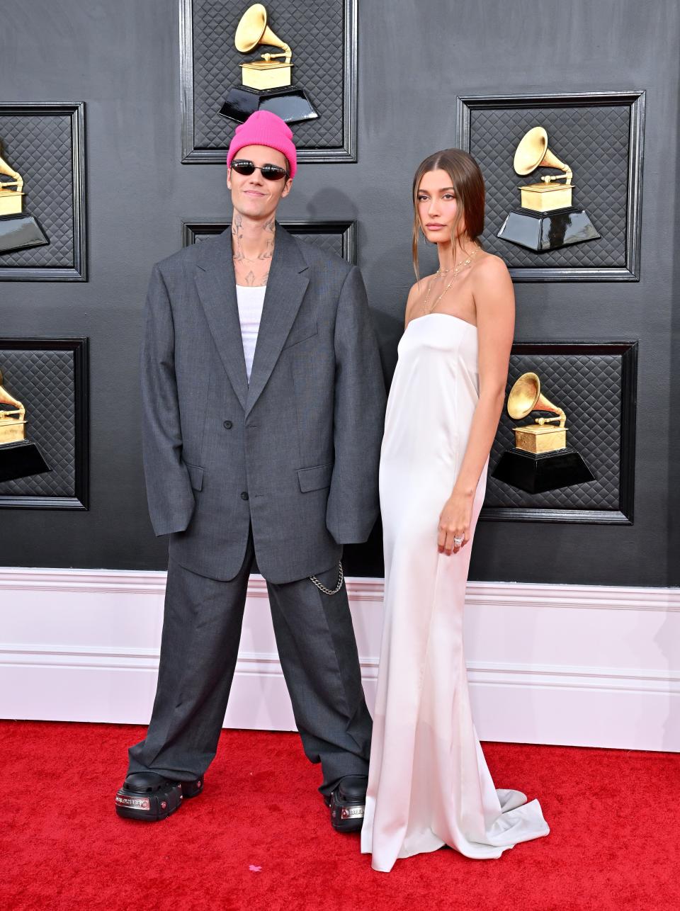 Justin Bieber and Hailey Bieber at the 2022 Grammy Awards