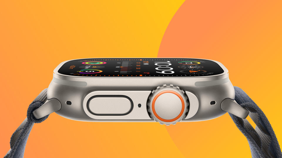 An Apple Watch Ultra 2 on a colourful background