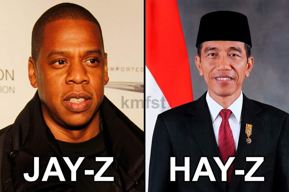 A funny joke image circulating on social media about the 2019 haze affecting Singapore and Malaysia due to smoke from burning plantations in Indonesia on Sumatra and Borneo, featuring American rapper Jay-Z and Indonesian president Jokowi.