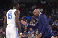 Memphis coach Penny Hardaway talks to player Lance Thomas (15) during the first half of an NCAA college basketball game against South Carolina State on Tuesday, Nov. 5, 2019, in Memphis, Tenn. (AP Photo/Karen Pulfer Focht)
