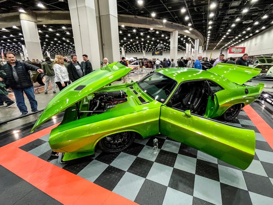 1970 Dodge Challenger called Krptonite is displayed during the 69th annual Meguiar's Detroit Autorama at Huntington Place in downtown Detroit on Friday, March 4, 2022.  800 custom cars will be on display during the car show, including 30 cars competing for the prestigious Ridler Award.