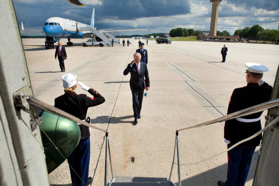 Vice President Joe Biden salutes as he approaches Marine Two after landing at Joint Base Andrews aboard Air Force Two. June 6,&nbsp;2012.