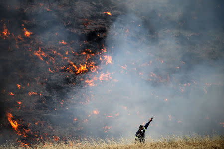 A firefighter reacts during a wildfire near the village of Metochi, north of Athens, Greece, August 14, 2017. REUTERS/Alkis Konstantinidis