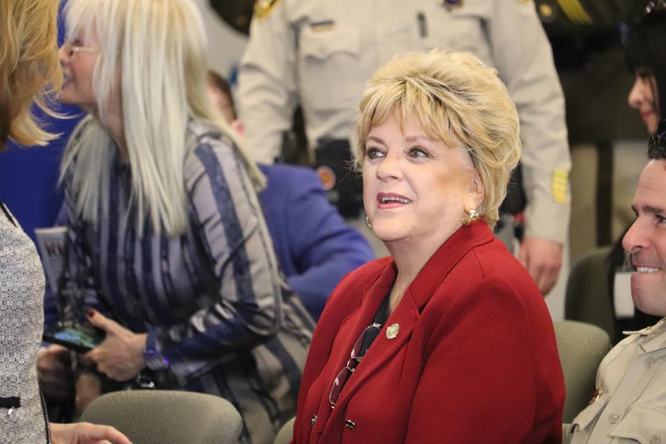 Las Vegas Mayor Carolyn Goodman at Las Vegas Metropolitan Police Department headquarters to watch President Donald Trump deliver remarks at a Hope for Prisoners graduation ceremony.