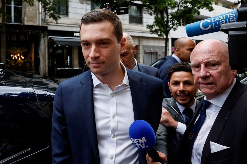 FILE PHOTO: Jordan Bardella, President of the French far-right National Rally arrives at the RN party headquarters in Paris