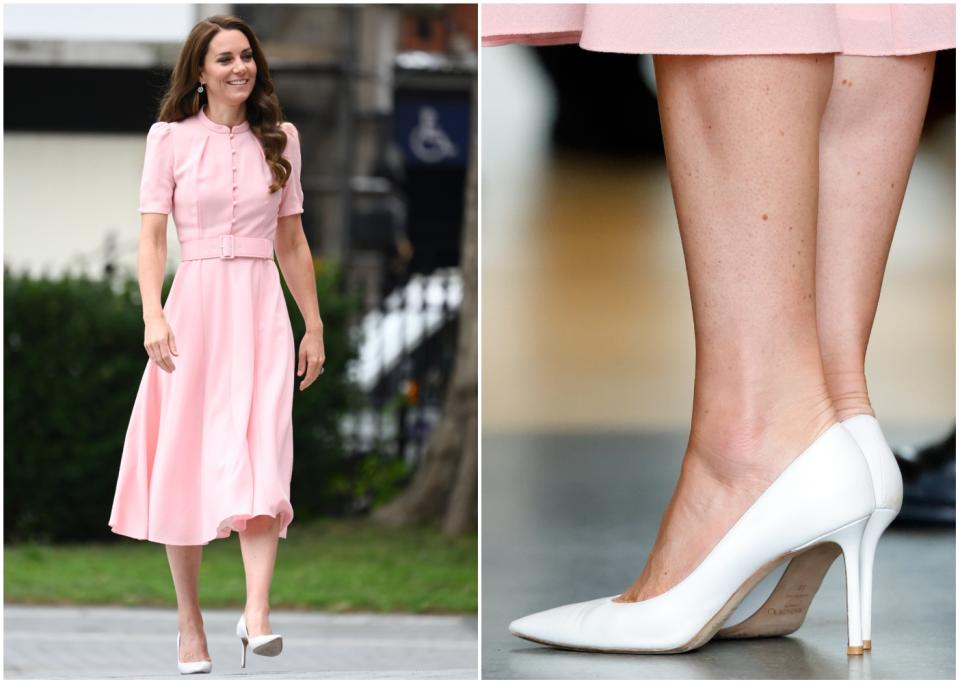 Kate Middleton in pink dress and white heels