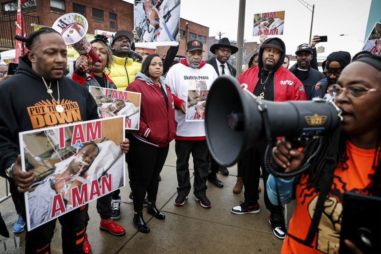 Family members and local activists hold a rally for Tyre Nichols at the National Civil Rights Museum in Memphis, Tenn., on Jan. 16, 2023. (Mark Weber / Daily Memphian via AP)