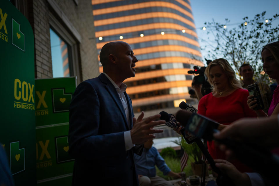  Gov. Spencer Cox talks to media after the Associated Press called the GOP primary for governor in his favor at an election night event in Salt Lake City on Tuesday, June 25, 2024. (Photo by Spenser Heaps for Utah News Dispatch)