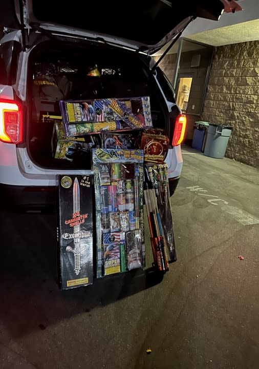 Fireworks confiscated by SBSD deputies over the Fourth of July holiday are displayed in this photo released on July 12, 2024. (San Bernardino County Sheriff's Department)