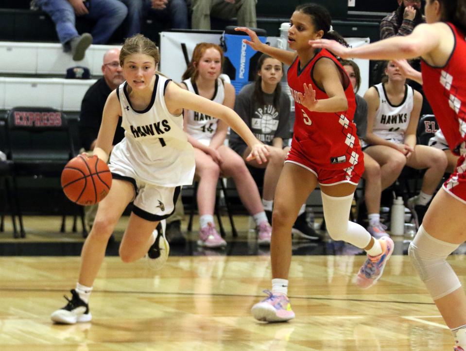 Corning's Hannah Nichols drives to the basket during a 67-65, double-overtime win over North Rockland in a Girls Division game at the Josh Palmer Fund Clarion Classic on Dec. 28, 2022 at Elmira High School.