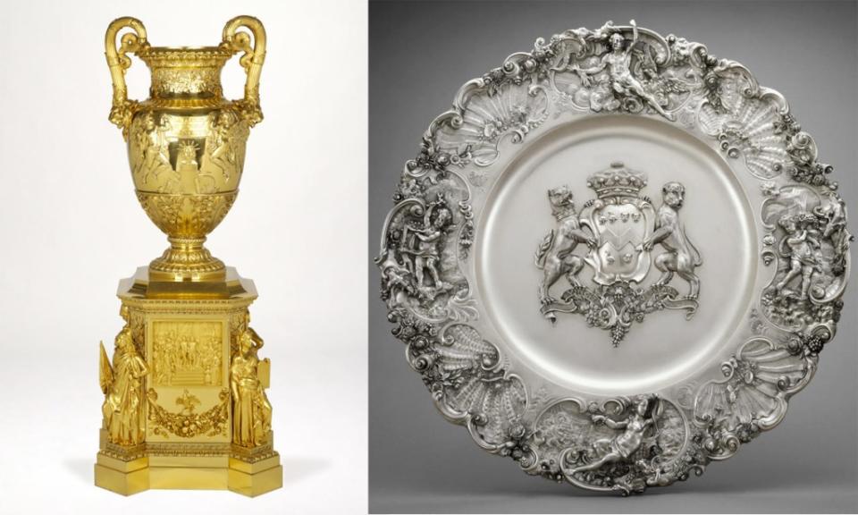 <b>LEFT</b>: Lafayette Vase, 1830-1835, by Jacques-Henri Fauconnier. Silver-gilt, gilded copper, cast brass, iron, and ormolu. (Gilbert Collection, photo courtesy of the Victoria and Albert Museum, London)<br><b>RIGHT</b>: Dish, 1742-43, by Paul de Lamerie. Silver. (Gilbert Collection, photo courtesy of the Victoria and Albert Museum, London)