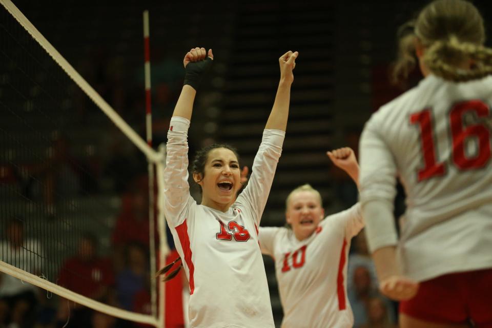 Chatham Glenwood's Natalie Alexander celebrates a point during a Central State Eight Conference volleyball match against Lincoln on Tuesday, Sept. 12, 2023.