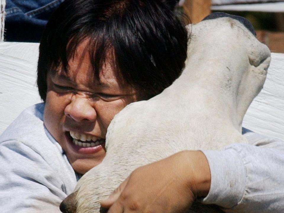 A man wrestles a cattle to the ground