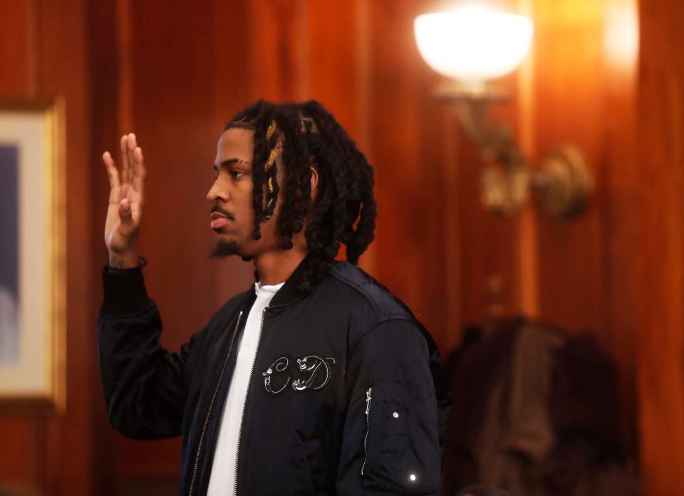 Ja Morant takes an oath before he takes the stand to testify during a hearing about his involvement in an incident at his home on Monday December 11, 2023 at Shelby County Circuit Court in Memphis,Tenn.