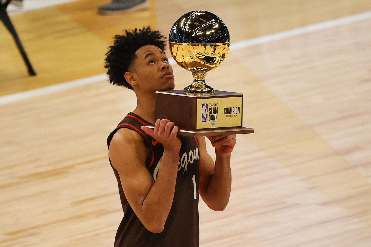 ATLANTA, GEORGIA - MARCH 07:  Anfernee Simons of the Portland Trail Blazers celebrates after winning the 2021 NBA All-Star - AT&T Slam Dunk Contest during All-Star Sunday Night at State Farm Arena on March 07, 2021 in Atlanta, Georgia. (Photo by Kevin C. Cox/Getty Images)