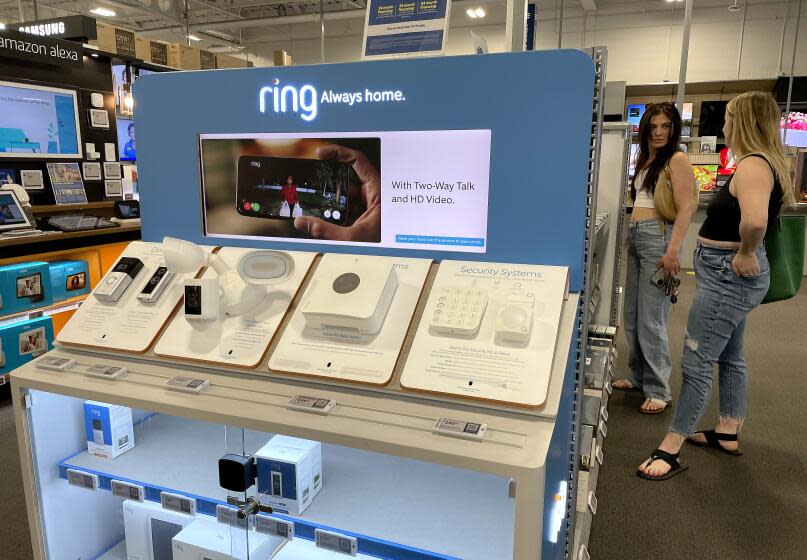 SAN RAFAEL, CALIFORNIA - JUNE 01: Ring security cameras are displayed on a shelf at a Best Buy store on June 01, 2023 in San Rafael, California. Amazon has agreed to pay the Federal Trade Commission over $30 million in a privacy settlement over its Ring cameras. The company's Ring doorbell division paid $5.8 million for violating a portion of the FTC Act that prohibits unfair or deceptive business practices and $25 million for violating the Children's Online Privacy Protection Act by illegally retaining Alexa voice assistant profiles of thousands of children. (Photo by Justin Sullivan/Getty Images)