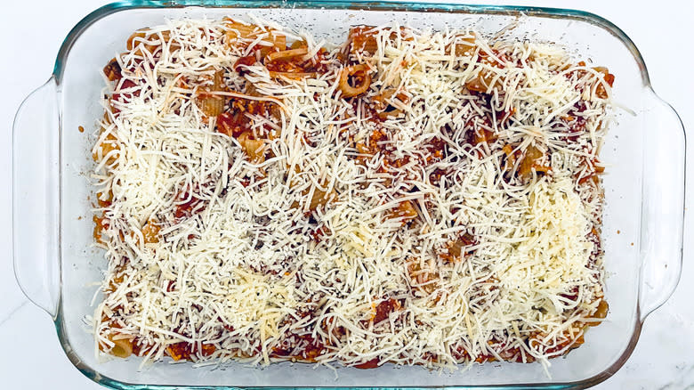 pasta casserole in clear pan