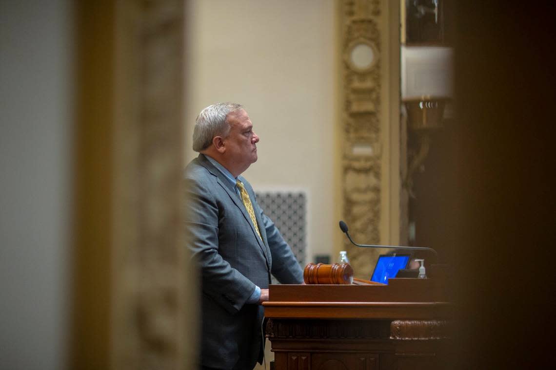 Kentucky Sen. Robert Stivers, R-Manchester, listens to legislators speak in the Senate at the Kentucky state Capitol on Thursday, Feb. 16, 2023.