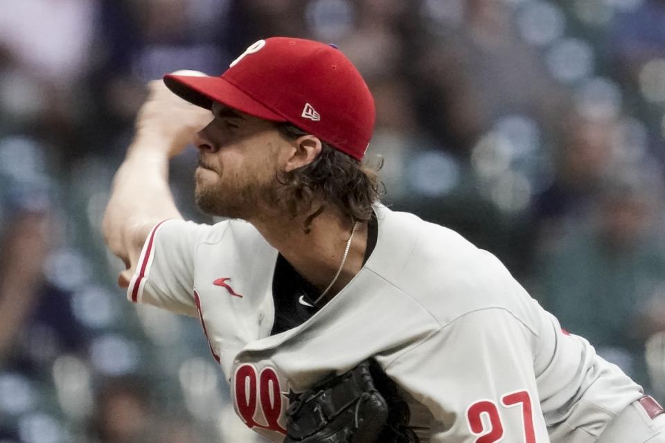 Philadelphia Phillies starting pitcher Aaron Nola throwsduring the first inning of a baseball game against the Milwaukee Brewers Tuesday, Sept. 7, 2021, in Milwaukee. (AP Photo/Morry Gash)