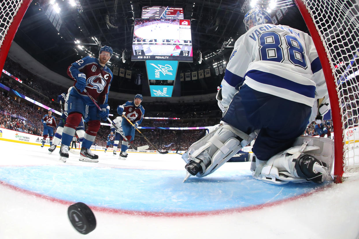 Andrei Vasilevskiy of the Tampa Bay Lightning watches the puck go into the goal during the third period of Game 2 against the Avalanche. (Photo by Harry How/Getty Images)