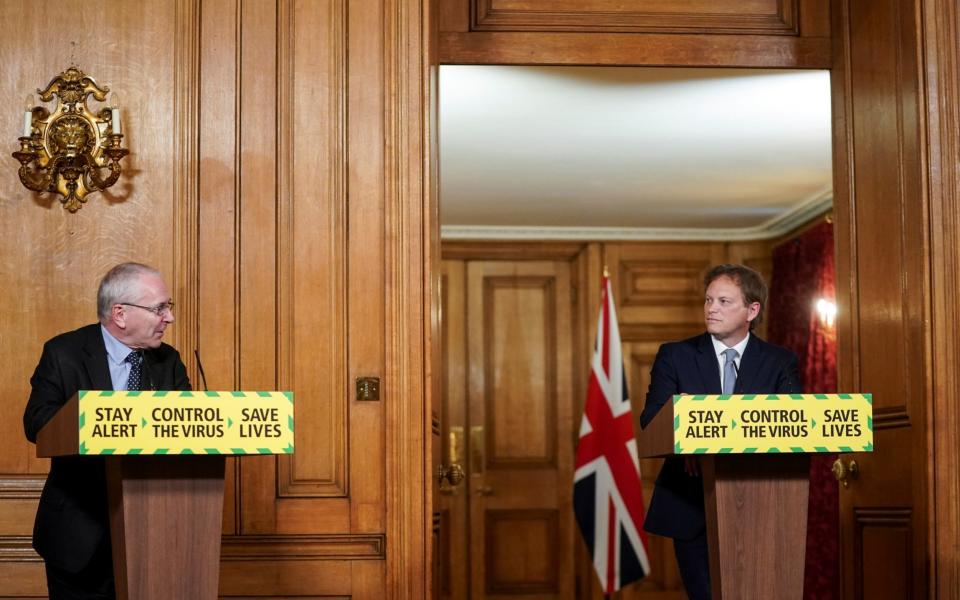 Grant Shapps and Chairman of Network Rail, Sir Peter Hendy attend the daily Covid-19 news conference at 10 Downing Street - Reuters