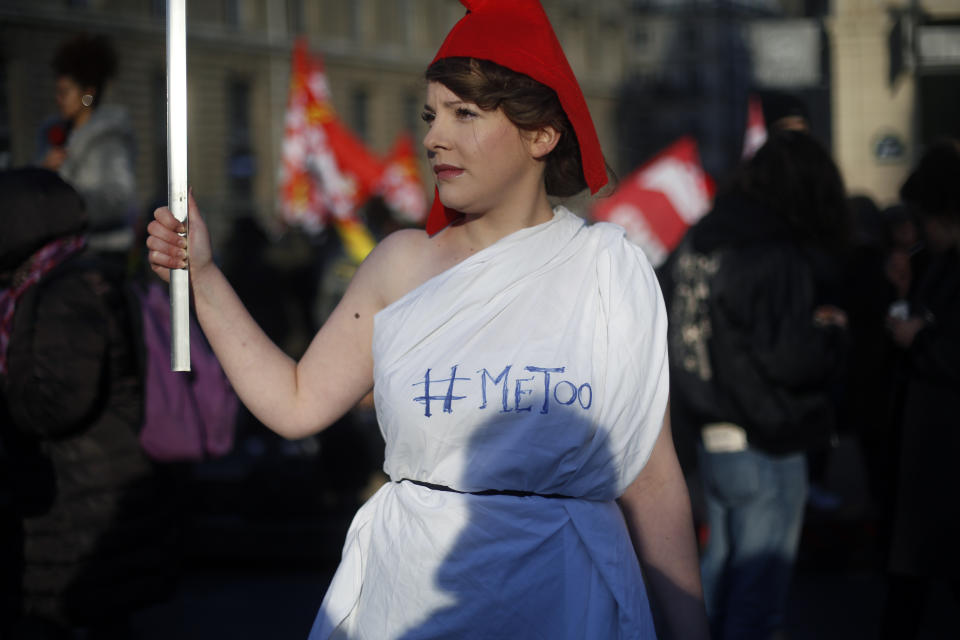 <p>A protester wears a Phrygian cap during a demonstration for the International Day for the Elimination of Violence against Women, in Paris, Saturday, Nov. 25, 2017. (Photo: Thibault Camus/AP) </p>