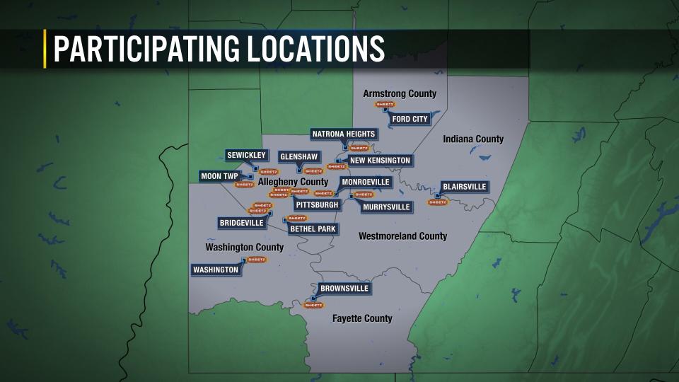 Map of Sheetz locations offering lower prices on some of their fuel products.