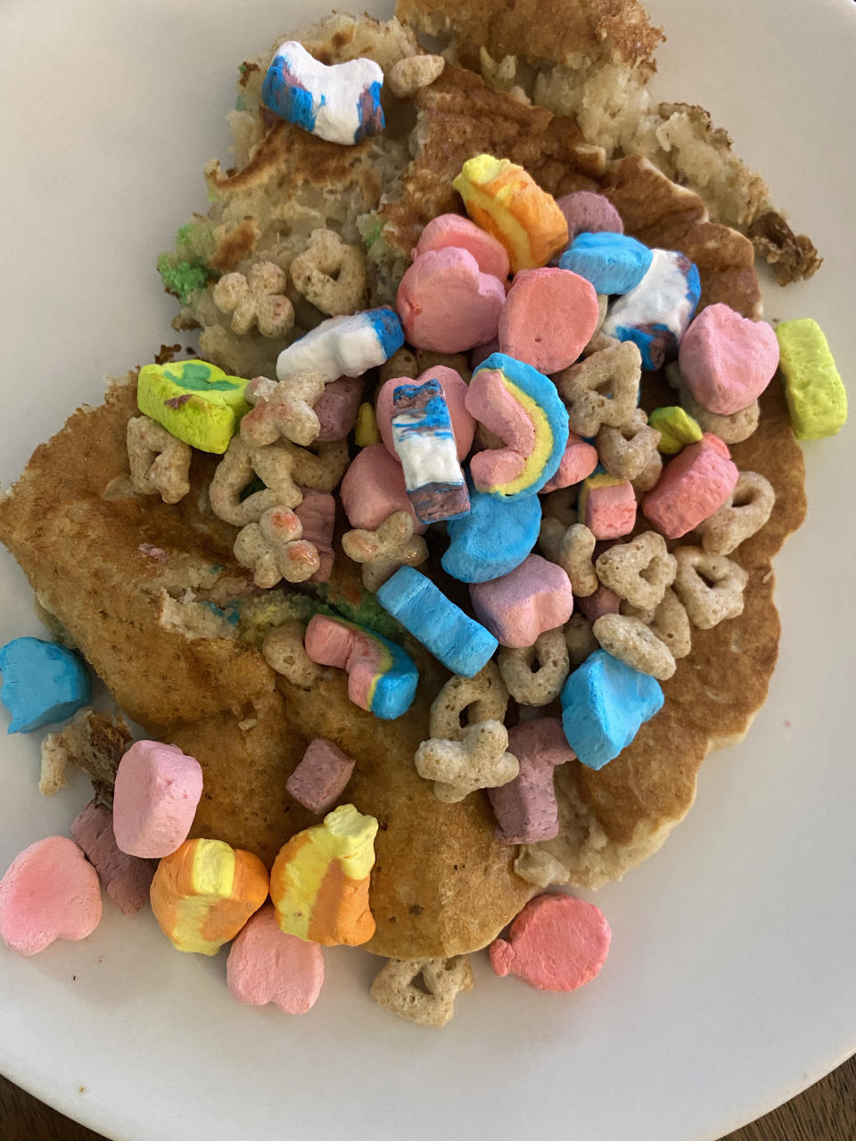 the pancake with Lucky Charms cereal on top