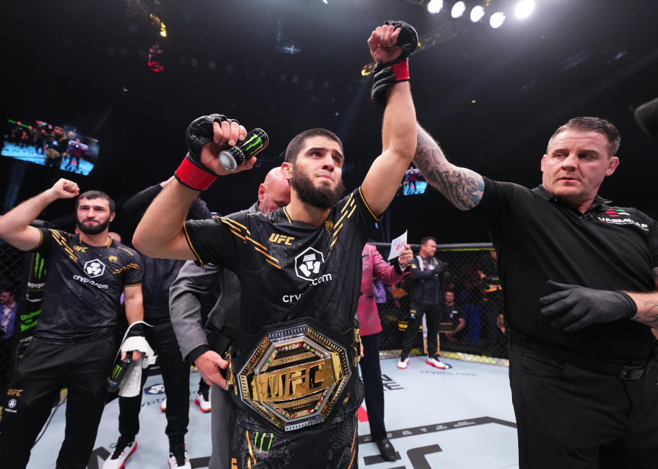 ABU DHABI, UNITED ARAB EMIRATES - OCTOBER 21: Islam Makhachev of Russia reacts after his knockout victory against Alexander Volkanovski of Australia in the UFC lightweight championship fight during the UFC 294 event at Etihad Arena on October 21, 2023 in Abu Dhabi, United Arab Emirates. (Photo by Chris Unger/Zuffa LLC via Getty Images)