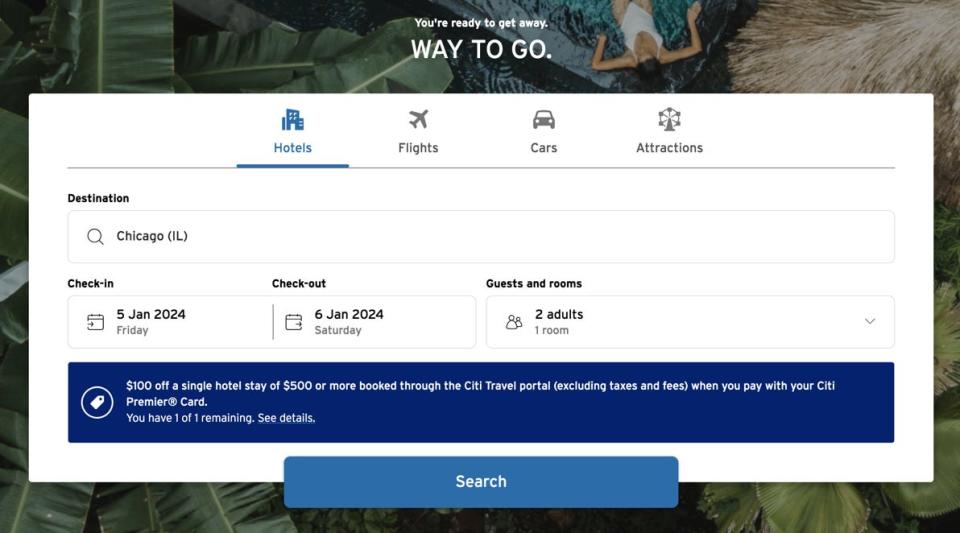 Screenshot of main hotel search screen on the Citi Travel Portal.