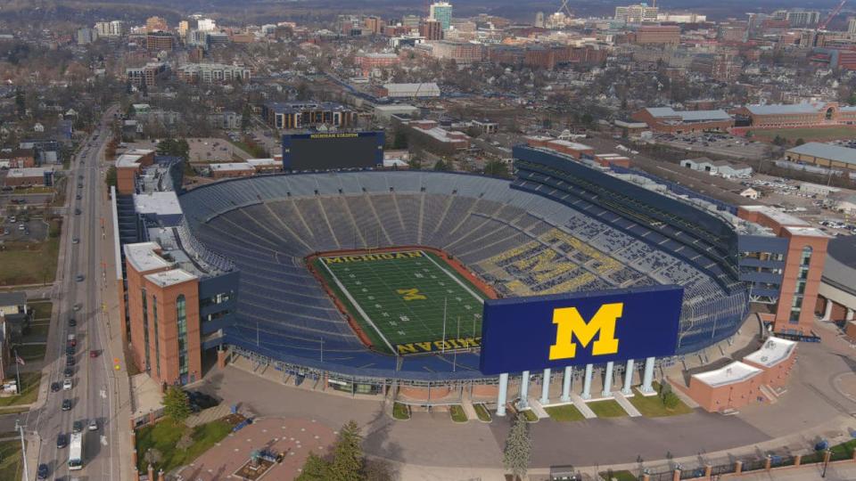 <div>ANN ARBOR, MICHIGAN - DECEMBER 07: A general overall aerial view of Michigan Stadium on the University of Michigan campus, Thursday, Dec. 7, 2023, in Ann Arbor, Michigan. (Photo by Kirby Lee/Getty Images)</div>