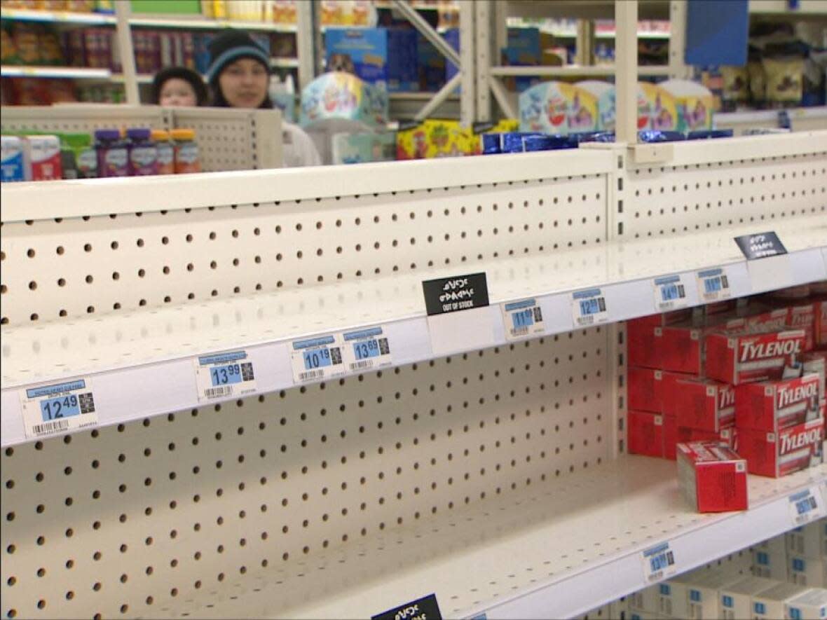 Northmart pharmacy in Iqaluit had bare shelves this week in the children's pain relief section. (Sarah Krymalowski/CBC - image credit)