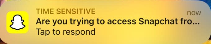 a screenshot showing sign-in request notification on a Snap account set up on an iPhone.