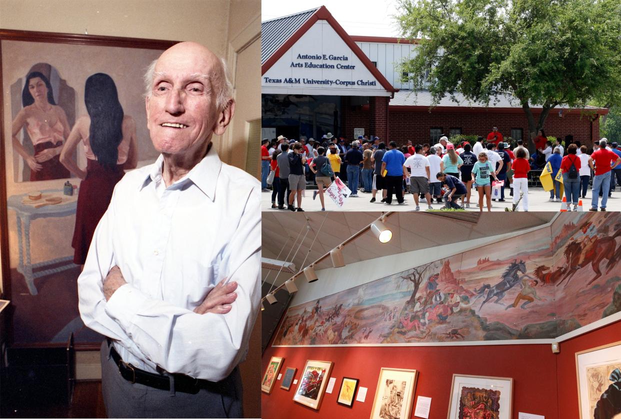 LEFT: Antonio E. Garcia stands before his 1933 painting "Woman Before Mirror," for which his wife Herminia was the model, in April 1991. TOP RIGHT: Marchers in the 12th annual Cesar Chavez Unity March stand outside the Antonio E Garcia's Arts and Education Center in March 2011. BOTTOM RIGHT: A mural by Antonio E. Garcia originally painted for the Mustang Club sits above at the gallery space at the Antonio E. Garcia Arts & Education Center.