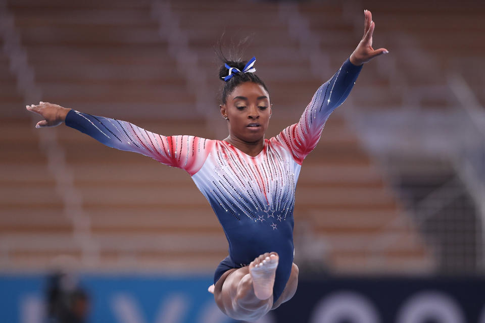 Simone Biles won the seventh, and almost certainly last, medal of her Olympic career with a bronze on balance beam Tuesday. (Photo by Elsa/Getty Images)