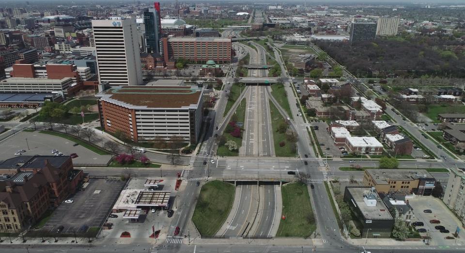 A view of Interstate 375 through downtown Detroit on April 23, 2021. The Michigan Department of Transportation is working on plans to replace I-375 with a boulevard, but some residents say the size of the envisioned boulevard would be too wide to truly reconnect the east side and downtown.