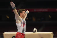 Brody Malone lands after competing on the pommel horse during the men's U.S. Olympic Gymnastics Trials Saturday, June 26, 2021, in St. Louis. (AP Photo/Jeff Roberson)