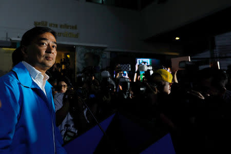 Democrat Party leader and former Thailand's Prime Minister Abhisit Vejjajiva speaks during a news conference, during the general election in Bangkok, Thailand, March 24, 2019. REUTERS/Krit Promsakla Na Sakolnakorn