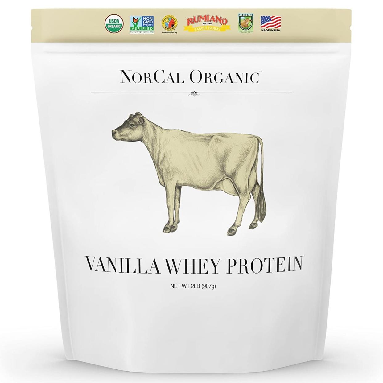 <p>NorCal Organic Vanilla Whey Protein</p><p>amazon.com</p><p>$64.99</p><p><a href="https://www.amazon.com/dp/B01AKQPQ70?tag=syn-yahoo-20&ascsubtag=%5Bartid%7C2141.a.20440938%5Bsrc%7Cyahoo-us" rel="nofollow noopener" target="_blank" data-ylk="slk:Shop Now;elm:context_link;itc:0;sec:content-canvas" class="link rapid-noclick-resp">Shop Now</a></p><span class="copyright">Amazon</span>