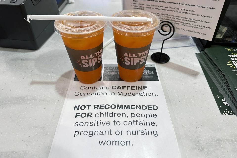 Cups of caffeinated lemonade are at a Panera Bread Company restaurant in Brighton, New York, on Thursday, December 28, 2023. (AP Photo/Ted Shaffrey)