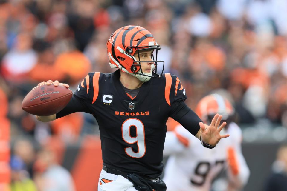 Cincinnati Bengals quarterback Joe Burrow throws during the first half against the Browns on Dec. 11, 2022, in Cincinnati.