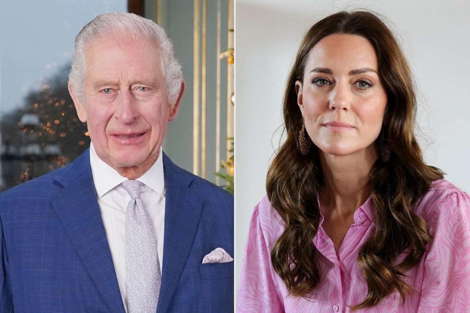 <p>getty (2)</p> King Charles during the recording of his Christmas message at Buckingham Palace on December 7, 2023 in London; Kate Middleton in Great Abaco, Bahamas in March 2022.