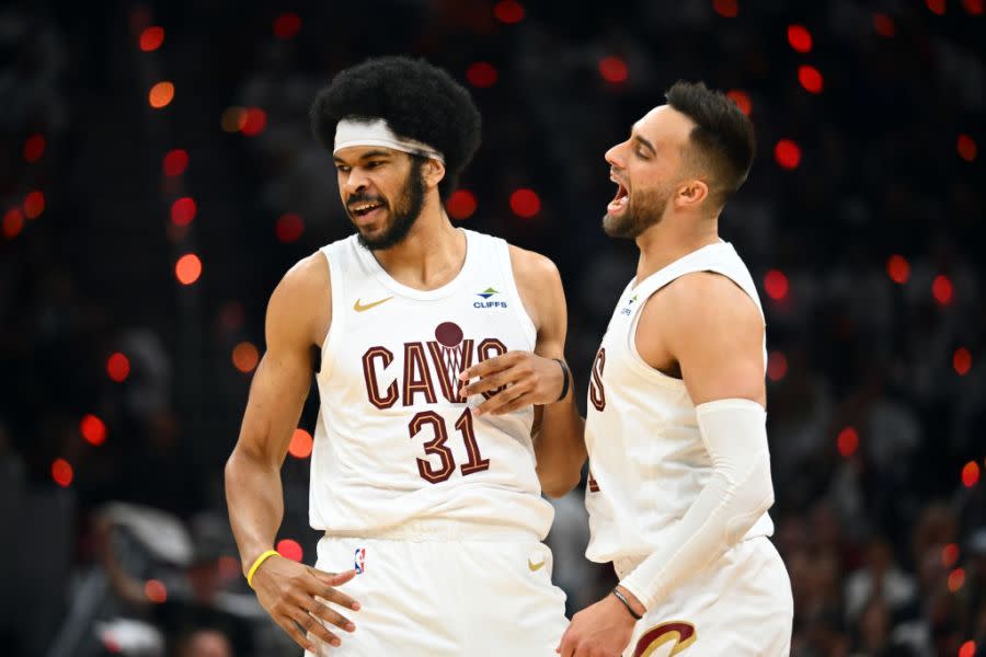 CLEVELAND, OHIO – APRIL 20: Jarrett Allen #31 celebrates with <a class="link " href="https://sports.yahoo.com/nba/players/6267/" data-i13n="sec:content-canvas;subsec:anchor_text;elm:context_link" data-ylk="slk:Max Strus;sec:content-canvas;subsec:anchor_text;elm:context_link;itc:0">Max Strus</a> #1 of the Cleveland Cavaliers during the second quarter of game one of the Eastern Conference First Round Playoffs against the Orlando Magic at Rocket Mortgage Fieldhouse on April 20, 2024 in <a class="link " href="https://sports.yahoo.com/nba/teams/cleveland/" data-i13n="sec:content-canvas;subsec:anchor_text;elm:context_link" data-ylk="slk:Cleveland;sec:content-canvas;subsec:anchor_text;elm:context_link;itc:0">Cleveland</a>, Ohio. NOTE TO USER: User expressly acknowledges and agrees that, by downloading and or using this photograph, User is consenting to the terms and conditions of the Getty Images License Agreement. (Photo by Jason Miller/Getty Images)