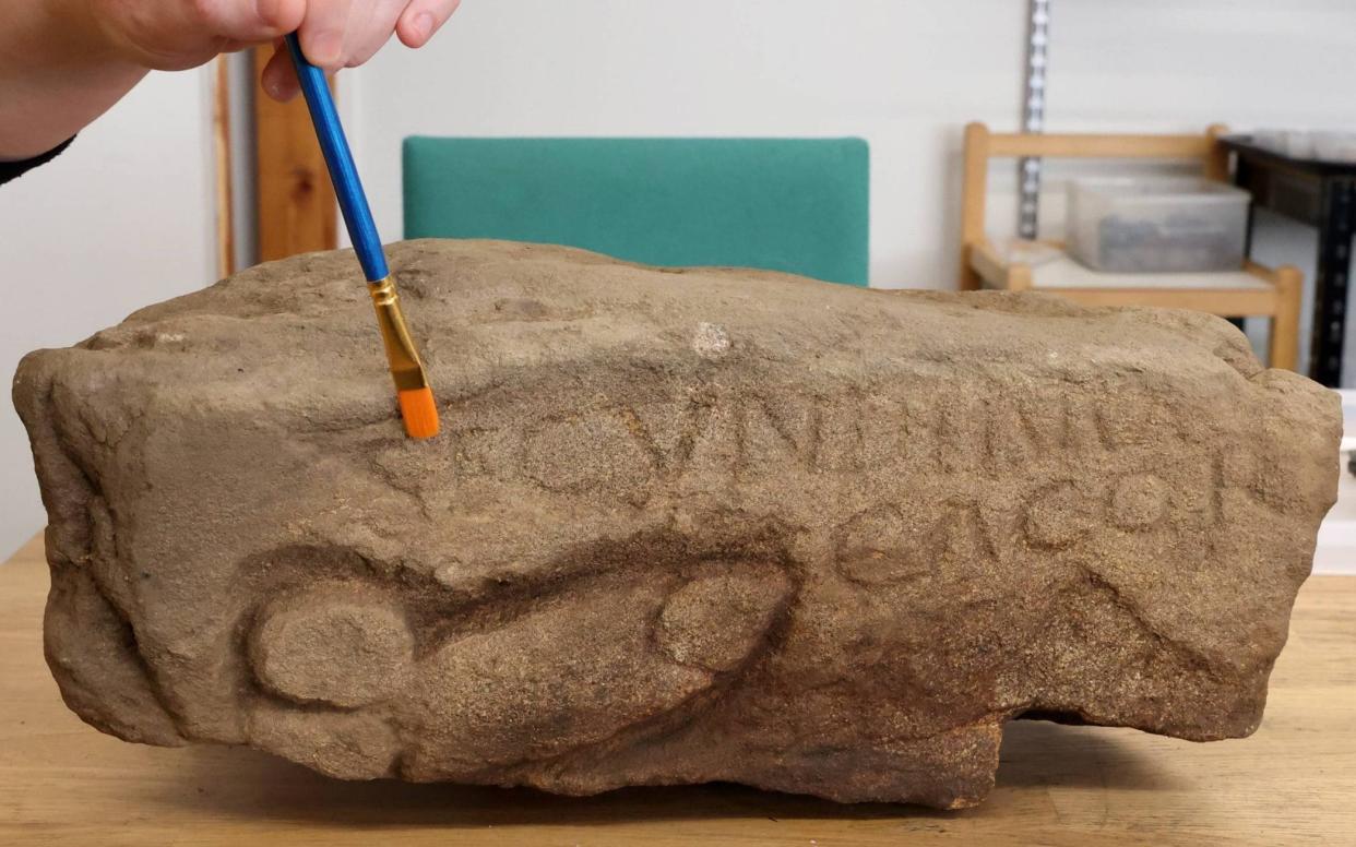 1,700 year-old graffiti featuring a large phallus and an inscription which brands a Roman solider a 'shitter' has been unearthed at Hadrian's Wall, carved into stone at the Vinolanda fort near Hexham, Northumberland - Raoul Dixon/NNP
