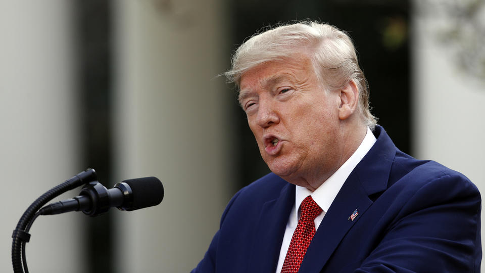 President Donald Trump speaks during a coronavirus task force briefing in the Rose Garden of the White House, Sunday, March 29, 2020, in Washington. (Patrick Semansky/AP)