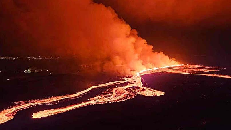 This image provided by Iceland Civil Defense shows lava erupting from a volcano between Hagafell and Stóri-Skógfell, Iceland, on on Saturday, March 16, 2024.